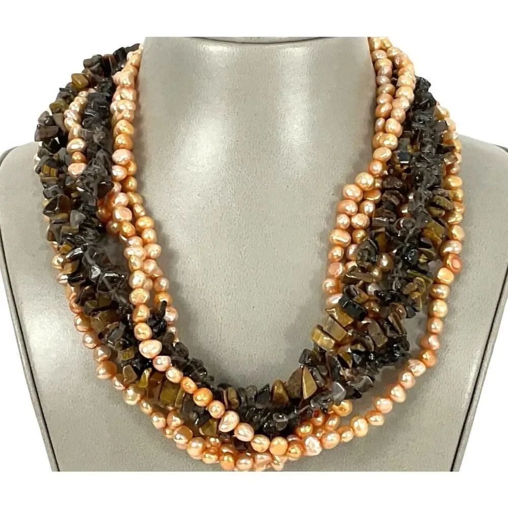 Chunky Bohemian Multistrand Pearl TIgers Eye Quartz Smokey Quartz Sterling 21in